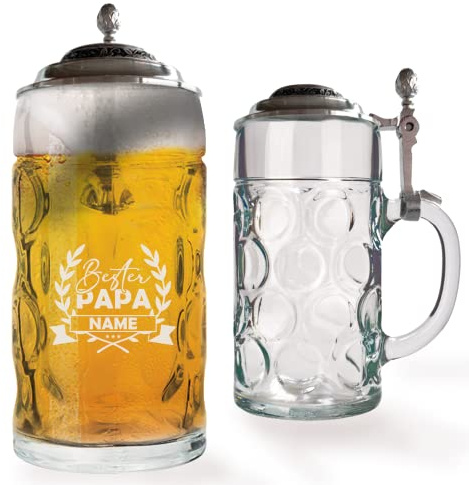 GRAVURMACHER® Bierkrug mit Gravur und Zinndeckel - Bierseidel Isar 0,5l mit Zinndeckel - Bierkrug als Vatertagsgeschenks - Geburtstagsgeschenk für Mann (Vatertag Motiv 01)