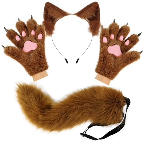 hbbhml Flauschige Ohren Schwanz und Katzenpfoten Handschuhe Set Kostümzubehör für Halloween Weihnachten Karneval und Partys