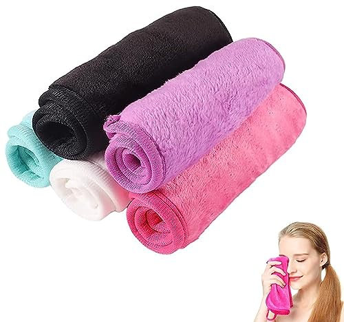 5Pack Reusable Make Up Remover Cloth Flannel Face Cloths Face Wipes Microfibre Face Cloth Suitable for Sensitive Skin Towel Washable 5 Colors (Black+Violet+Cherry Red+Green+White)