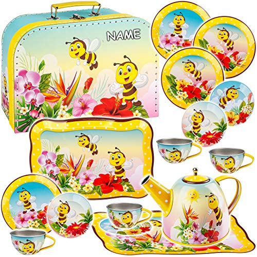 alles-meine.de GmbH 16 TLG. Set Picknick Koffer - Puppengeschirr/Teeservice & Kaffeeservice - süße Bienen & Tiere - inkl. Name - Tablett & Geschirr aus Blech - Metall - Blech..