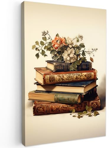 MuchoWow© Leinwand Klein Mini Deko Schlafzimmer Aesthetic Leinwandbilder | 20x30 cm - Wohnzimmer Gemälde Foto Geschenk Living Room Decoration Vintage - Bücher - Blumen - Weiß