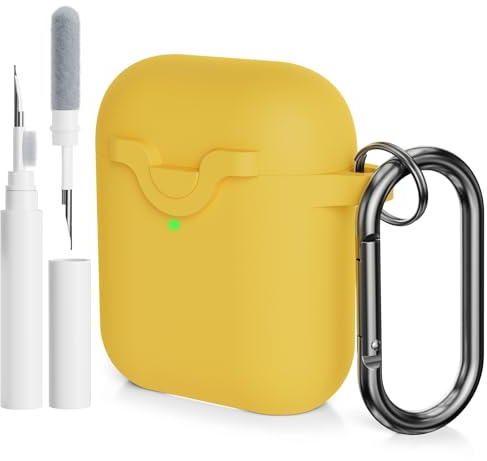 AOTUAO Compatibile con AirPods 2 e 1 Custodia Cover e Kit di Pulizia, Case Protettiva Antiurto e Antiscivolo in Silicone per AirPods 2a e 1a Generazione con Moschettone, Giallo