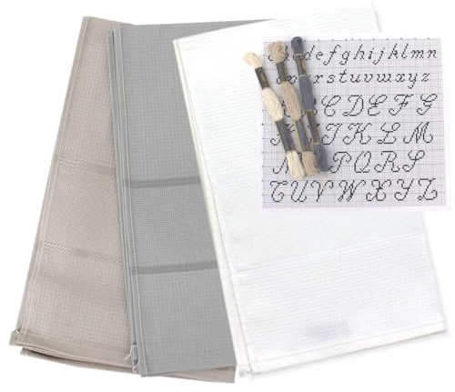 hobbymio.it 3 Pezzi di Strofinacci da Cucina da Ricamare a Punto Croce con 3 Matassine di filo e Schema Ricamo, Set di 3 Canovacci con Tela Aida + 3 Matassine di filo + 1 Schema Alfabeto (MIX 3)