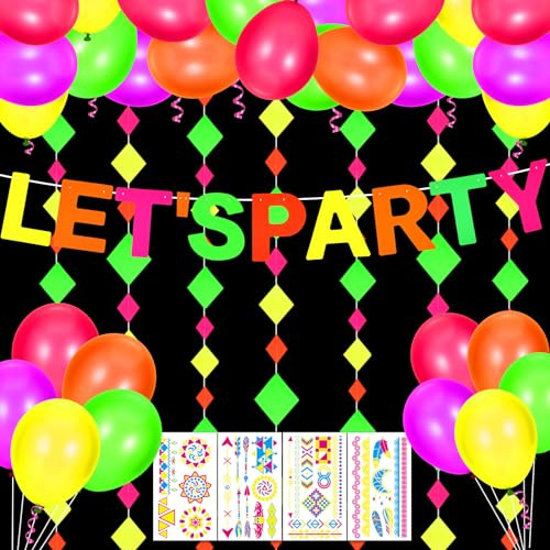 HOWAF Neon Party Deko, Neon Luftballons Leuchtende Luftballons UV Leuchtend Schwarzlicht Ballons, Let's Party Girlande Banner, Tattoos Schwarzlicht Deko, Geburtstagsdeko