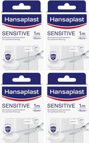 Hansaplast Sensitive Pflaster (1 m x 6 cm), zuschneidbare und hautfreundliche Wundpflaster mit Bacteria Shield & sicherer Klebkraft, schmerzlos zu entfernende Pflaster (Packung mit 4)