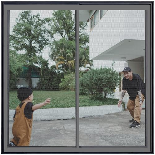 Fliegengitter für Fenster mit 120x120cm Grau Magnet Rahmen für Fliegengitter Fenster Mückengitter Insektenschutz Pollenschutz Mückenschutz Fenster