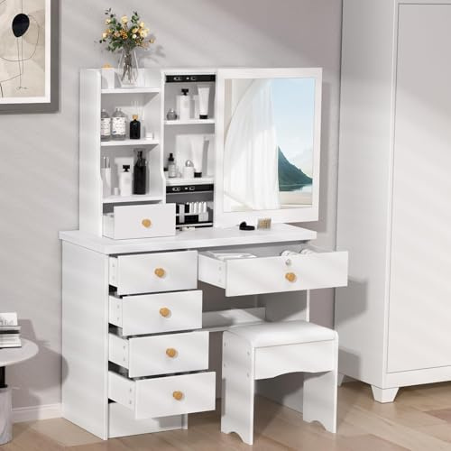 Calager Make-up-Set, Schiebespiegel, Schlafzimmer-Schminktisch, Make-up-Schreibtisch mit 6 Schubladen, offene Regalen, verstecktem Stauraum, Weiß Weiß