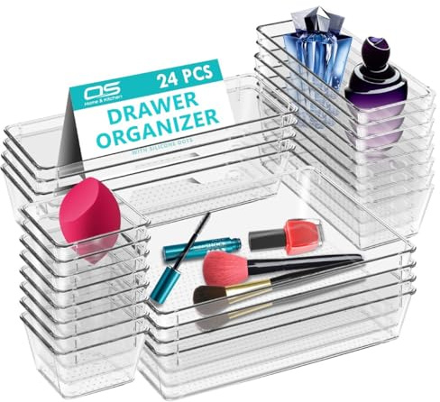 Clear Drawer Organiser Trays Set – Makeup Organiser Tray for Drawers – Versatile Makeup, Cosmetics, and Utensil Storage for Bedroom, Office, and Kitchen- Cutlery Set Divider In 4 Sizes (TRAY-24PCS)