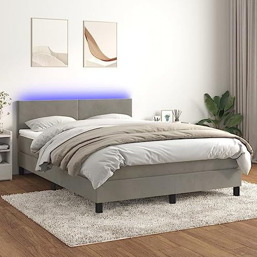 IKAYAA Boxspringbett 140 x 200 cm - Bett mit LED Beleuchtung, Topper & Matratzen - Boxspringbett 140 x 200 cm mit Matratze, Einzelbett mit Matratze, Polsterbett 140 x 200 cm Hellgrau Type-89