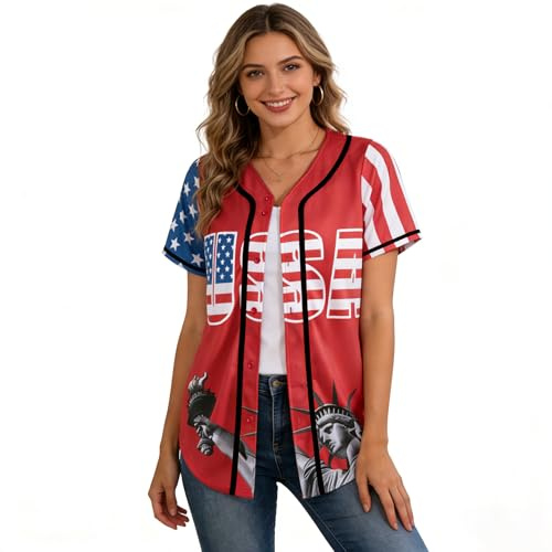 American Flag Button Down Shirt USA Baseball Jersey for Women Patriotic Shirts 4th of July Casual Tee Blouse Tops