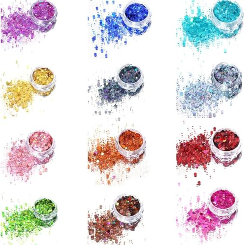 ZILZUFA Glitter, 12 Farben Festival Glitzer Gesicht, Halloween Schminke Make-up, Körperglitzer Zubehör für Nägel Augen Lippen Haare Körper