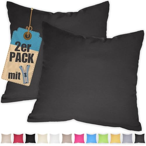 2er Pack Kissenbezug 30x30 cm Anthrazit Baumwolle Kissenhüllen | Doppelpack, Reißverschluss verdeckt, waschbar, atmungsaktive Baumwoll-Mischgewebe (85% BW, 15% Poly), Kopfkissenbezug
