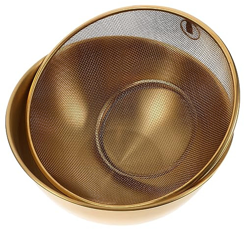 Gatuida Gold Colander Set 2-Piece Stainless Steel Rice Basket Bowl Set Dish Drainer Fine Mesh Vegetable Basket