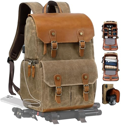 Padwa Lifestyle Khaki Waxed Memory Canvas Camera Backpack - Weather Resistant Camera Backpacks for Photographers,Multi DSLR SLR Camera Bag with 16” Laptop & Lens Compartment and Tripod Holder