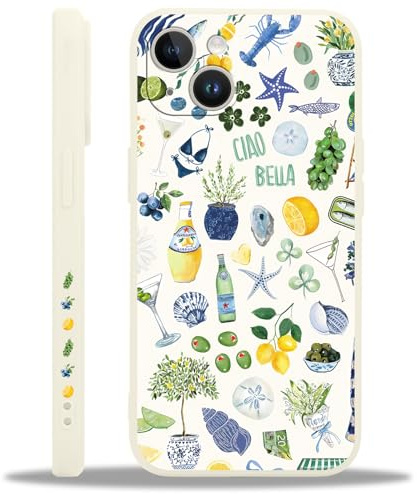 Krdvekm Cover per iPhone 14 6,1, Cellulare Silicone Morbido Custodia per telefono Aesthetic Summer Collage Frutta Motivo Disegno Protezione Fotocamera Antiurto Case per Ragazze Donne, Bianco
