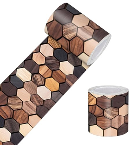 HOMETITUTE Wallpaper Border Peel and Stick Wall Border Wood Hex Mosaic Decorative Wall Trim Self Adhesive Border for Walls Mirror Frame Accent Strip for Bedroom Bathroom Kitchen Living Room 4x196 Inch