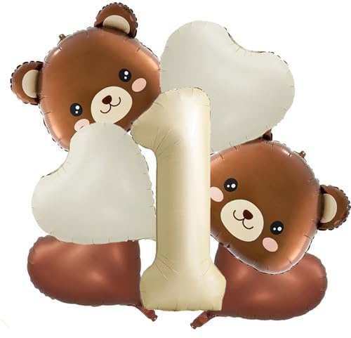 Bär Geburtstagsdeko, 7 Stk Luftballon, Nummer 1 Geburtstag, Bären Deko Geburtstag, Bär Luftballons und Herz Folienballon Nummer 1 Geburtstags Deko