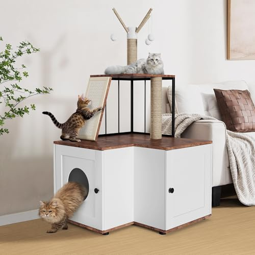 124cm Cat Tree with Litter Box Enclosure, All-in-1 Modern Cat Tower with Scratching Post Board & Dangling Balls, Cats Furniture Hidden Washroom, Wooden Kitty Furniture