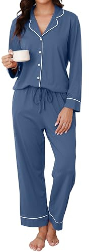 Reliwel Pigiama Donna Cotone Pigiama da Donna Invernale Set Pigiama Camicia a Maniche Lunghe con Bottoni e Pantaloni Pigiama da Casa Due Pezzi Morbidissimo Comodo