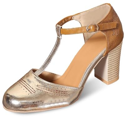 Zapatos de vestir casuales cómodos y de punta cuadrada para mujer, diseño elegante para actividades diarias y ocasiones festivas, Gold, 39.5 EU