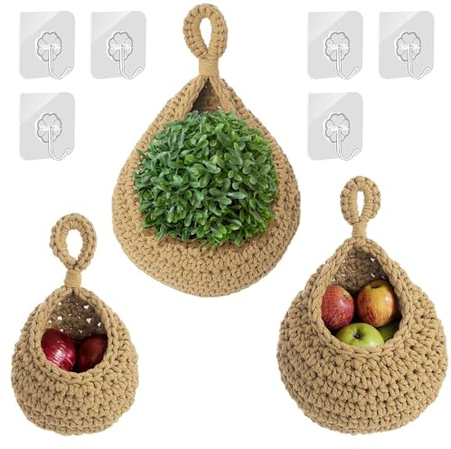 Cestini Portaoggetti da Appendere, 3 Cesti Sospesi per Frutta, Cesto per Frutta e Verdura a Parete, 3 Ganci, Corda di Cotone a Mano, per conservare la frutta in cucina, conservare gli alimenti