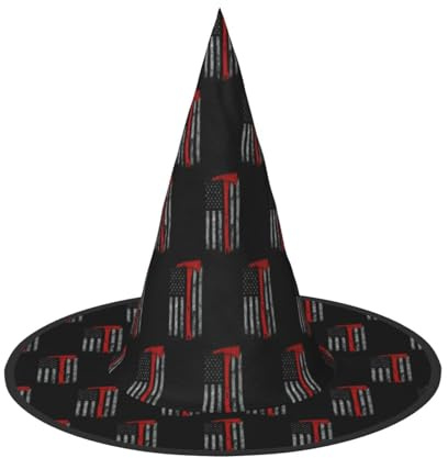 OXbnmm Paquete de 2 sombreros de bruja con estampado de bandera de línea roja de hacha de bombero, para juegos de rol, 13 pulgadas de alto, sombrero de bolas enmascaradas para mujer