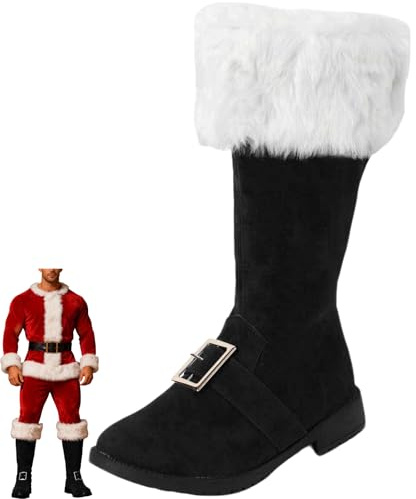 Stivali da Babbo Natale da uomo, larghi, stivali da combattimento con polsini in pelliccia sintetica bianca, cerniera e cinturino con fibbia, accessori per costume di Babbo Natale, calzature per