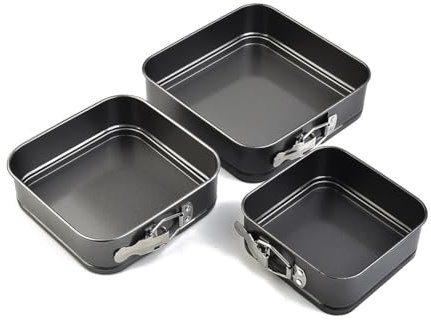 FUBESK Lot de 3 moules à gâteau carrés 12/15/18 x 4,5 cm en acier carbone avec fond amovible pour moules anti-fuites, anti-adhésifs, passent au four