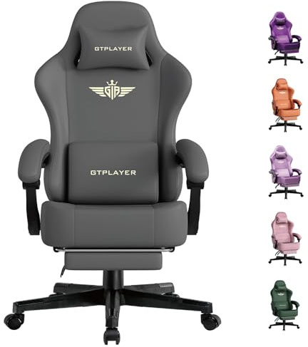GTPLAYER Gaming Chair, Ergonomic Computer Chair with Footrest and Lumbar Support Height Adjustable Home Office with 360°-Swivel Seat and Headrest Grey