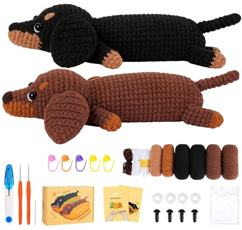 Wxeadu Häkelset für Anfänger, Häkelset Tiere, 2 Stück Dackel Garn Häkelnadel Set, Häkeln für Anfänger, Crochet Set mit Videokurs und Schritt Anleitungen, Stricken für Anfänger Set für Geschenk