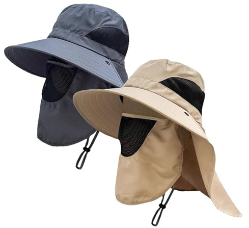 2 Piezas Gorra con Protector Cuello-Nuca UPF50+Gorra Nuca Sombreros para El Sol Sombrero para El Sol Hombre Plegable para Actividades Aire Libre como Senderismo Vacaciones Camping (Caqui Gris Oscuro)
