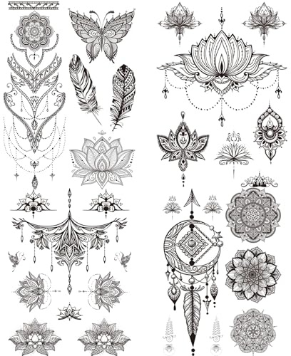 Grandes Fleurs Noires Tatouages Temporaires, 4 Feuilles Stickers De Tatouage Mandala Sur Le Corps Plume Mandala Fleur Art Tatouage Pour La Poitrine Des Femmes Et La Taille