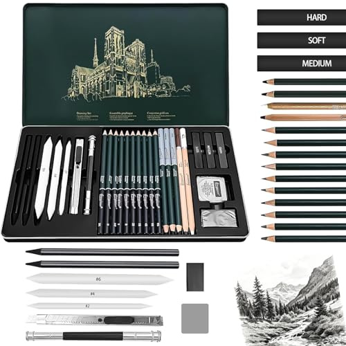 ZITUZY Set di 27 matite da disegno professionale con matita di grafite, matite a carbone, per disegnare, schizzi, per artisti, adulti, adolescenti