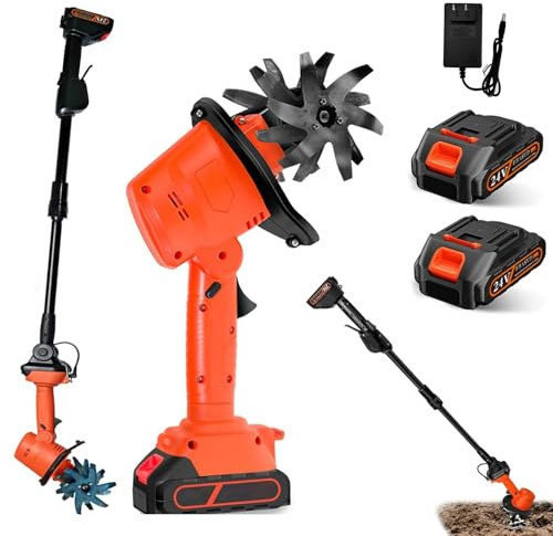 Motozappa Elettrica Senza Fili 24V, Motocoltivatore da Giardino con 2 Batterie, 4 File Denti in Acciaio, Acciaio Larghezza di lavorazione 10 cm profondità 10 cm per Orto e Serre