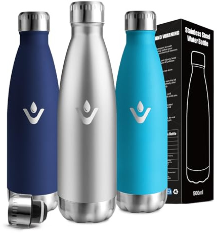 Botella Agua Acero Inoxidable, 500ml Botella Termica, A Prueba de Fugas, Cantimplora Acero Inoxidable, Aislamiento al Vacío, sin BPA, Termo para la Escuela, Cafetería, Oficina, Hogar
