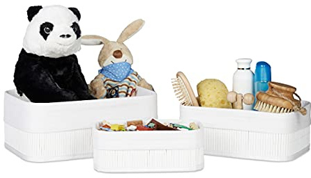 Relaxdays Aufbewahrungskorb 3er Set, Stoffbezug, Bambus, rechteckig, weiß | Bad, Accessoires, Spielzeug, Allzweckkorb