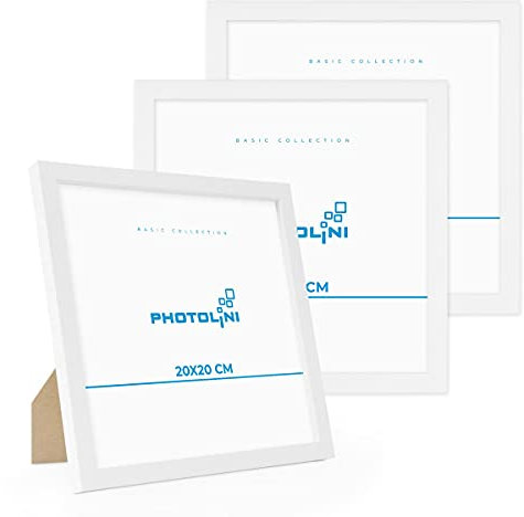 PHOTOLINI Marcos 20x20 cm blanco madera MDF, set de 3 marcos para pósteres, cristal acrílico, para colgar y poner de pie, incluye accesorios - para fotos, láminas y pósteres