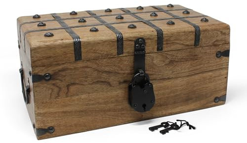 Nautical Cove Treasure Chest Wooden Box with Antique Iron Lock and Skeleton Key (Large 14.5x8x6.75) - Storage and Decor – Pirate Wooden Treasure Chest, Decorative Box with Hinged Lid,
