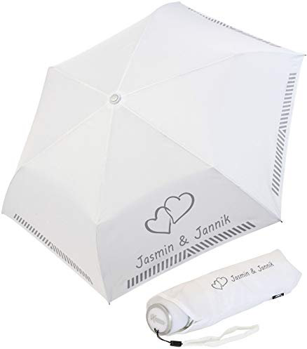 iX-brella Mini Hochzeits-Taschenschirm mit reflektierender Borte verbundene Herzen personalisiert mit Namen