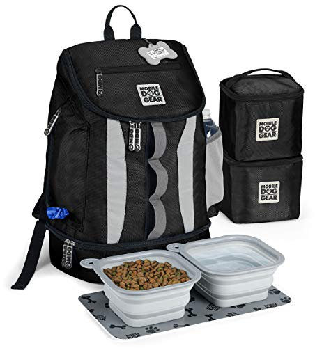 Mobile Dog Gear, Dog Travel Bag, Drop Bottom Week Away Backpack for Medium and Large Dogs, Includes 2 Lined Food Carriers and 2 Collapsible Dog Bowls, Black