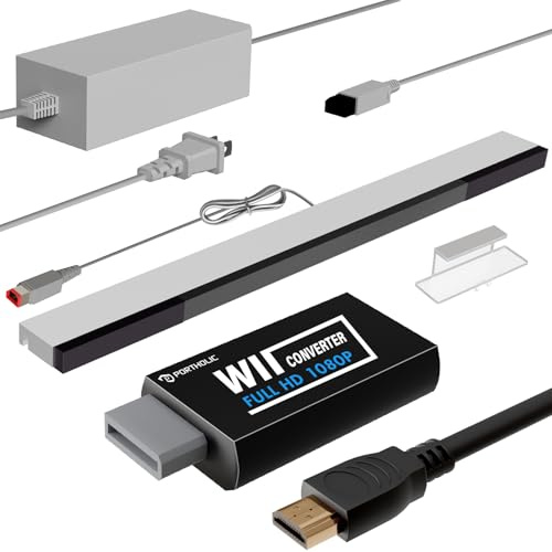 4-i-1 tillbehörspaket, AC-strömförsörjningsadapter + Wii till HDMI-omvandlare + Wii till HDMI-omvandlare och trådbunden infraröd strålsensorstång kompatibel med Nintendo (UK svart)