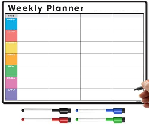 TMS Magnetic Weekly Planner and Organiser A3 | Customisable Whiteboard for Family or Business Tasks and Meal Planning | with 4 Free Magnetic Dry Wipe Pen (Multi-Coloured Style 2, A3)