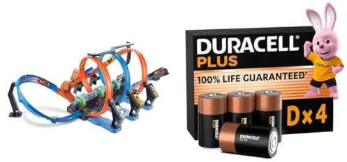 Hot Wheels Autorennbahn Korkenzieher, mit motorisierten Beschleunigern, 3 Looping Tracks und Kurven, inkl. 1 Spielzeugauto, Auto Spielzeug, Spielzeug ab 5 Jahre, FTB65 + Duracell Plus D x 4