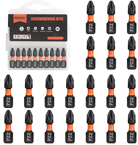 BAIDETS Pro PZ2 Bit-Sortiment - Schraubendreher Bits Set 20 Stück, 25mm Länge, Schrauber-Bit, 1/4 Sechskantschaft, mit Spender-Box