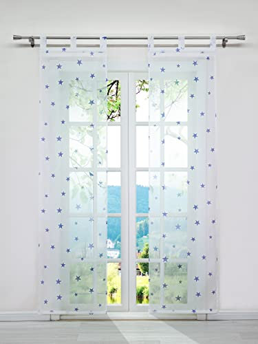 ESLIR Schiebegardinen Set 2er Flächenvorhänge Gardinen mit Schlaufen Schiebevorhang Transparent Schlaufenschal mit Sterne Muster Voile Modern Blau BxH 57x145cm 2 Stück
