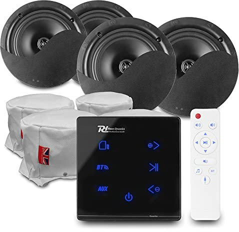 Power Dynamics Bluetooth Ceiling Speakers Audio Installation - A100B In-Wall Amplifier with 4x NCSS5B 5 Black Speakers & Fire Hoods Home Ceiling Speaker System