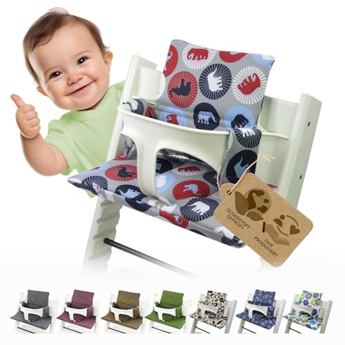 BambiniWelt Ersatzbezug Tripp Trapp – Sitzkissen-Set kompatibel, Stokke Hochstuhl, extra weich, waschbar & langlebig, 2-teiliges Kissen - Klettverschluss, Farbe: marine Elefanten