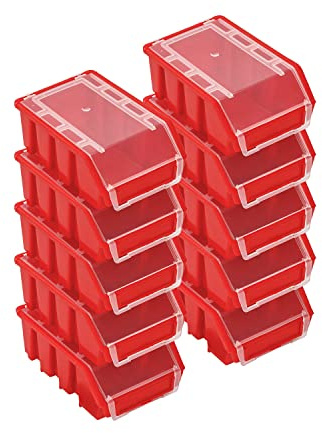 PAFEN Set med stapellådor – 10 x stapelbara lådor med lock 160 x 75 x 115 mm – genomskinlig låda för verktygsvägg, förvaringsbox, röd