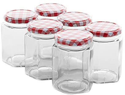 ZENO Glass Jam Jars 250ml | Glass Preserve Pots with Screw Top Red Gingham Lids | Airtight Pickle Jars | Homemade Jam | Marmalade & Chutney Jar (24 Pack)