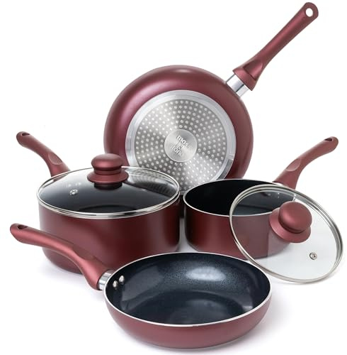 Moss & Stone 6 Piece Nonstick Cookware Set, Pots and Pans Set Non Stick with Glass Lid, Induction Cookware, Stay-Cool Handles, PTFE/PFOA (6 Pcs Burgundy)